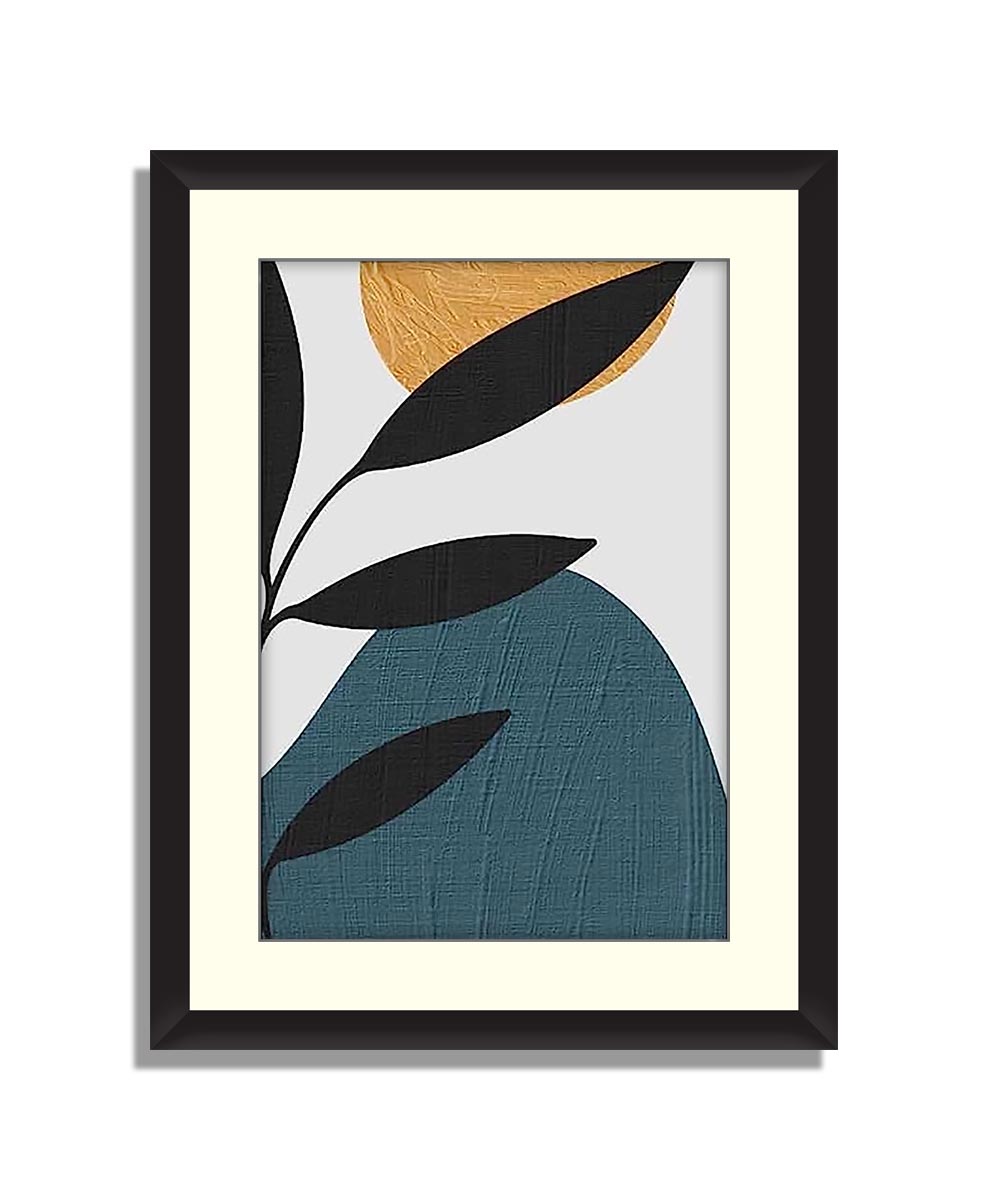 Black Leaf with Blue and Yellow Textured Shapes Wall Art