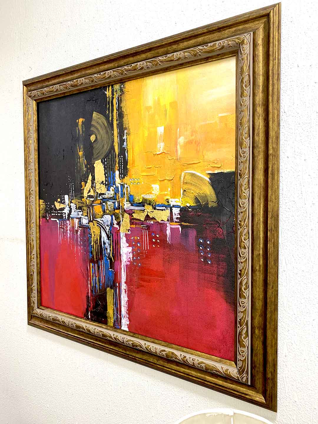 Hand Painted Acrylic Painting,Square Palette Knife Contemporary Art with Italian Matt Gold Frame