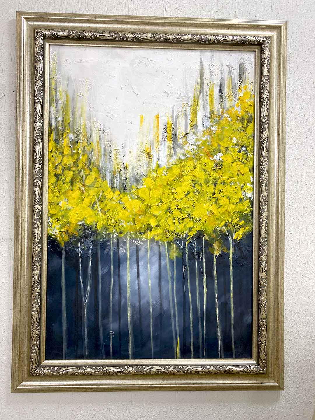 Abstract Art Yellow n black background with palette knife Handmade painting