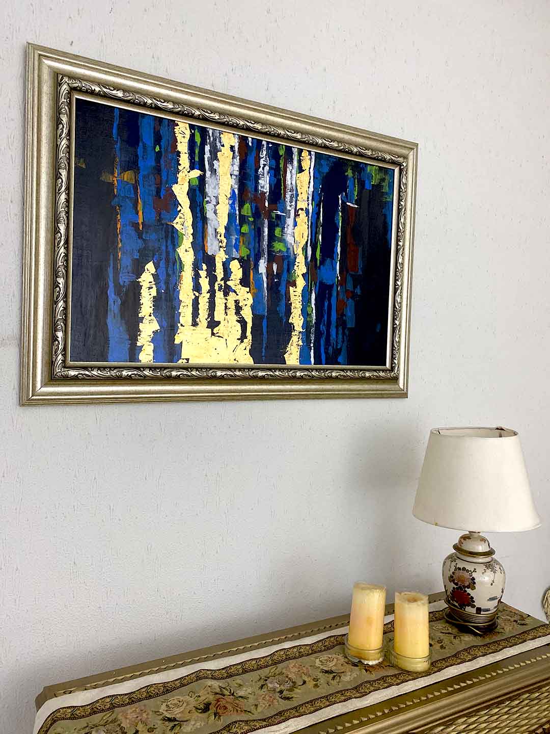 Abstract Art painting with gold leafing with Silverish Italian frame