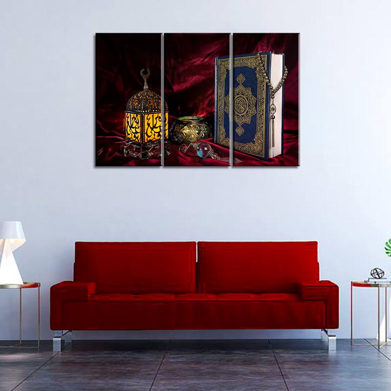 3 Panels Canvas Set Painting of Beautiful Picture of Quran and Tusbhee