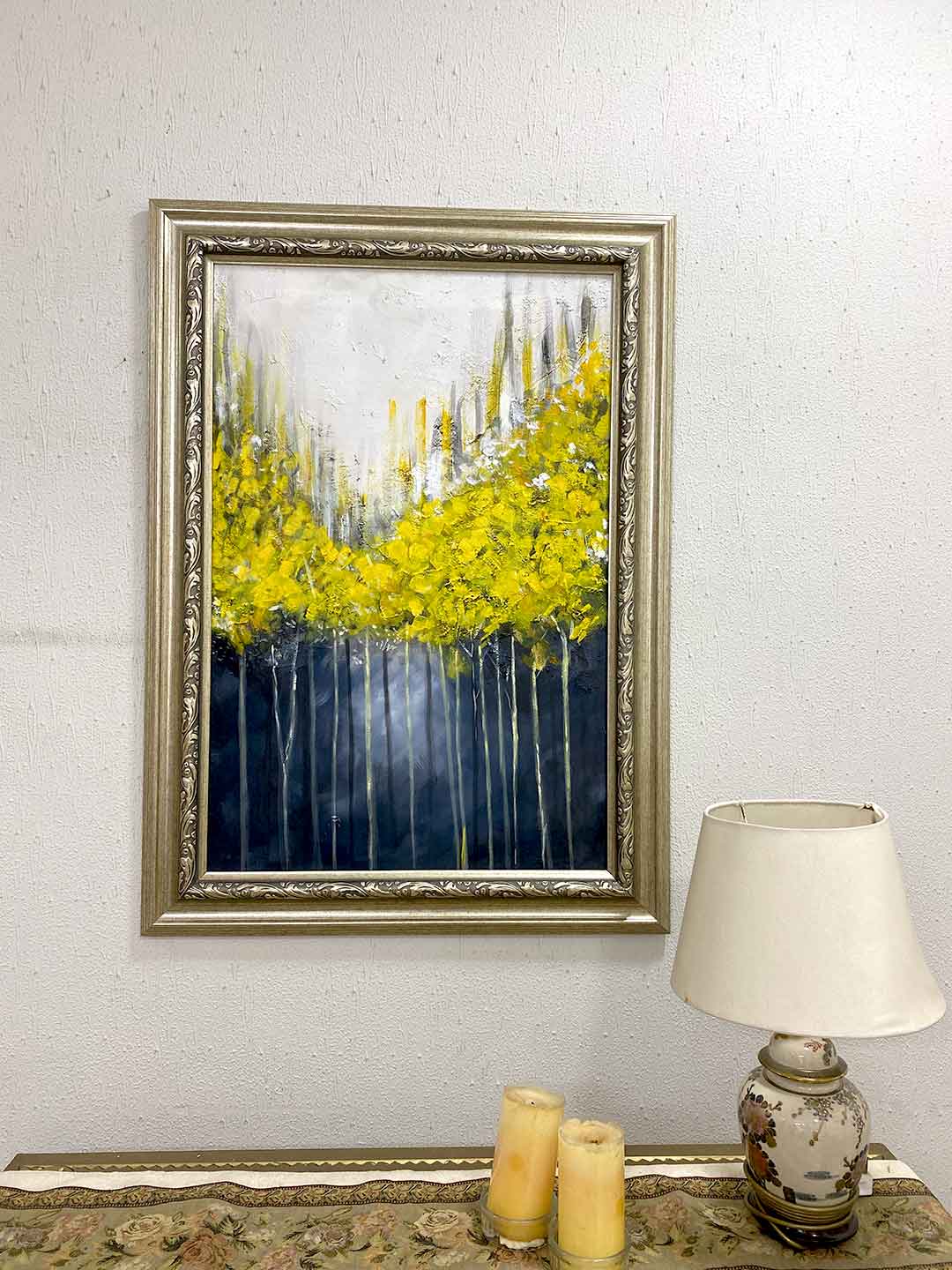 Abstract Art Yellow n black background with palette knife Handmade painting