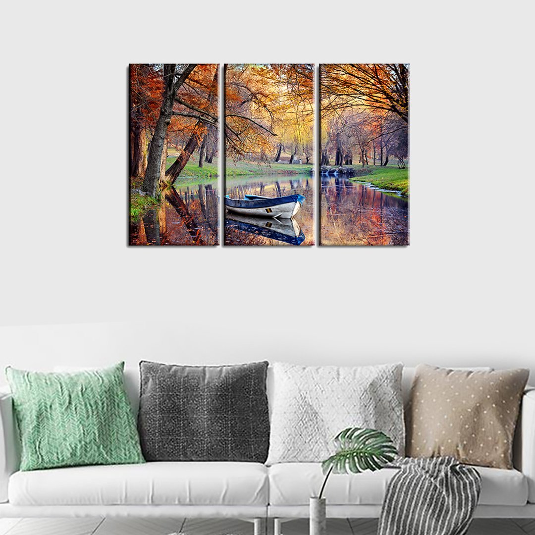 4 Panels Canvas Set of Boat on the lake in the autumnal forest