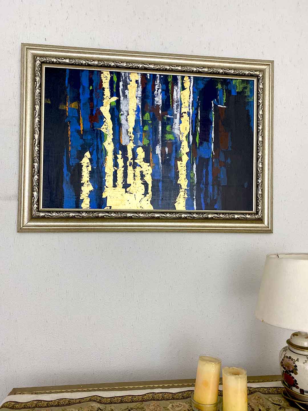 Abstract Art painting with gold leafing with Silverish Italian frame