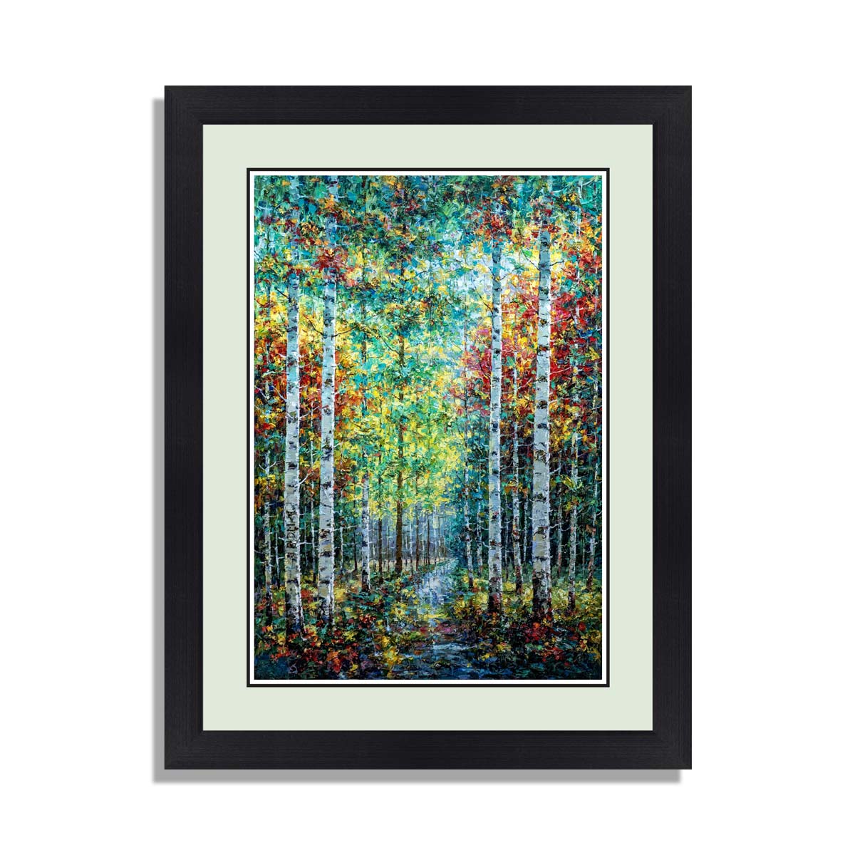 Abstract Colorful Aspens painting with black frame and glass at top