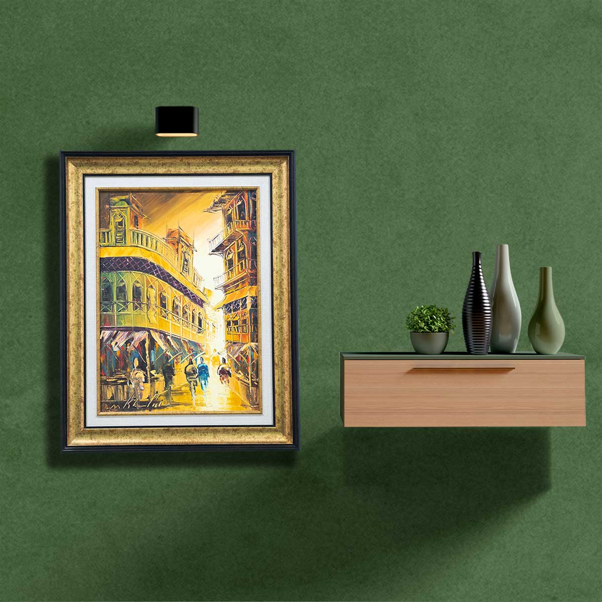 Old City Painting with Italian Antique  Gold Moulding and Liner