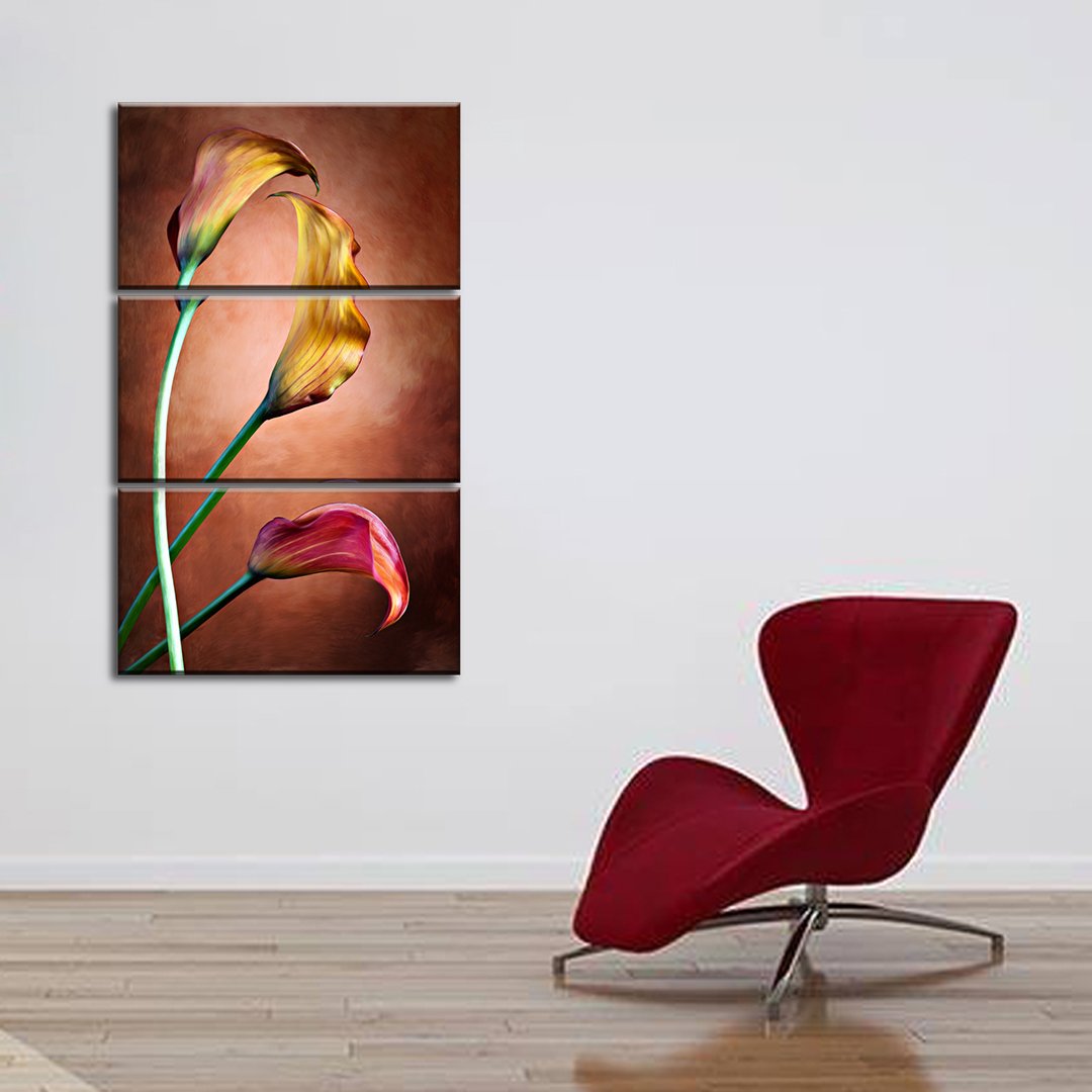 3 Panels Canvas Set painted Calla lily flower in front of red background