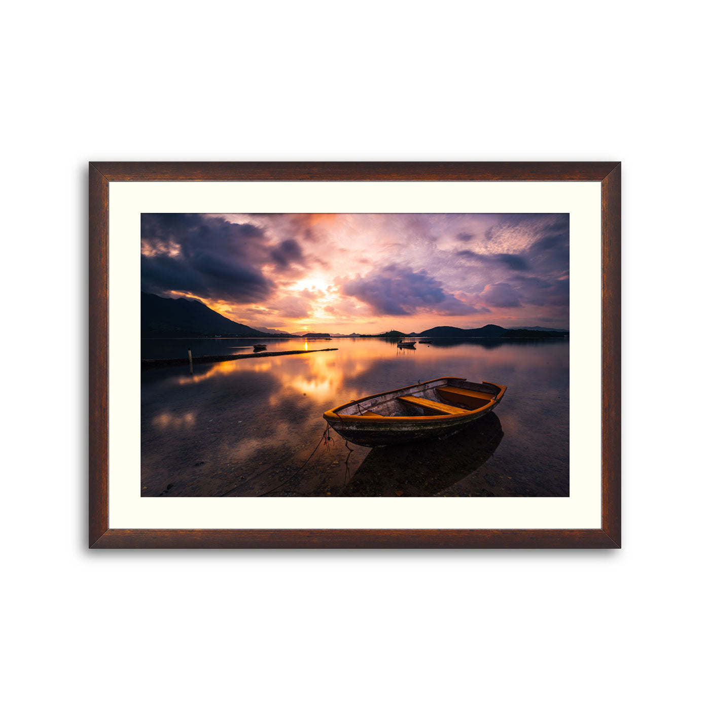 A-Beautiful-Shot-Of-A-Small-Lake-With-A-Wooden-Rowboat-In-Focus-And-Amazing-Clouds-In-The-Sky