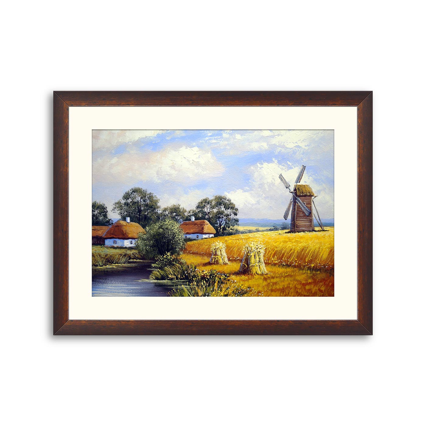 Beautiful landscape. Mill, wheat field, village