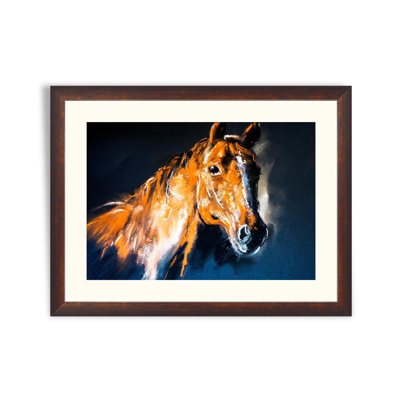 Pastel portrait of a brown horse on a cardboard