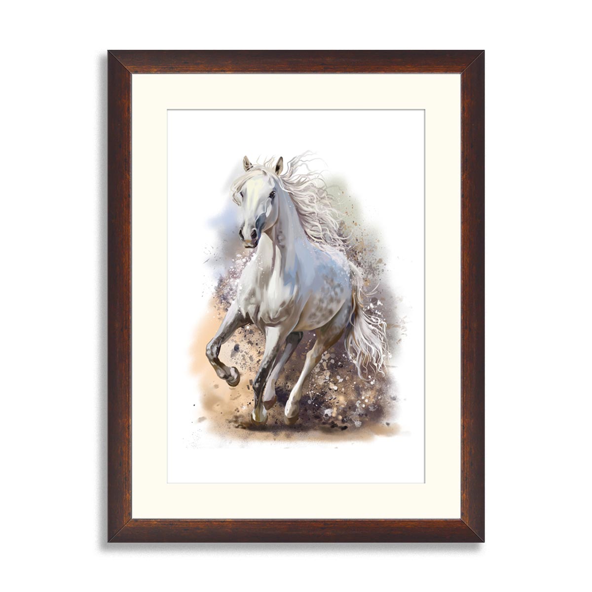 White horse runs watercolor painting