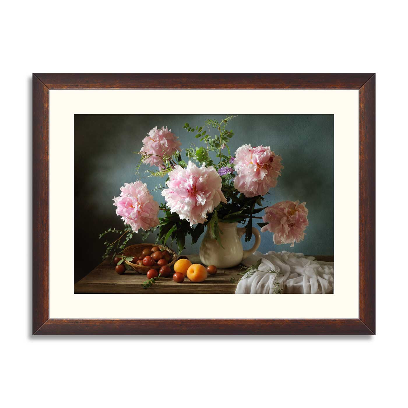 Still life with pink peonies and apricots