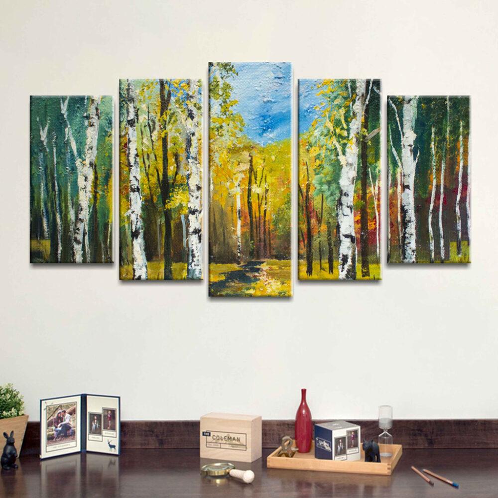 5 Panels Canvas Painting of Autumn forest