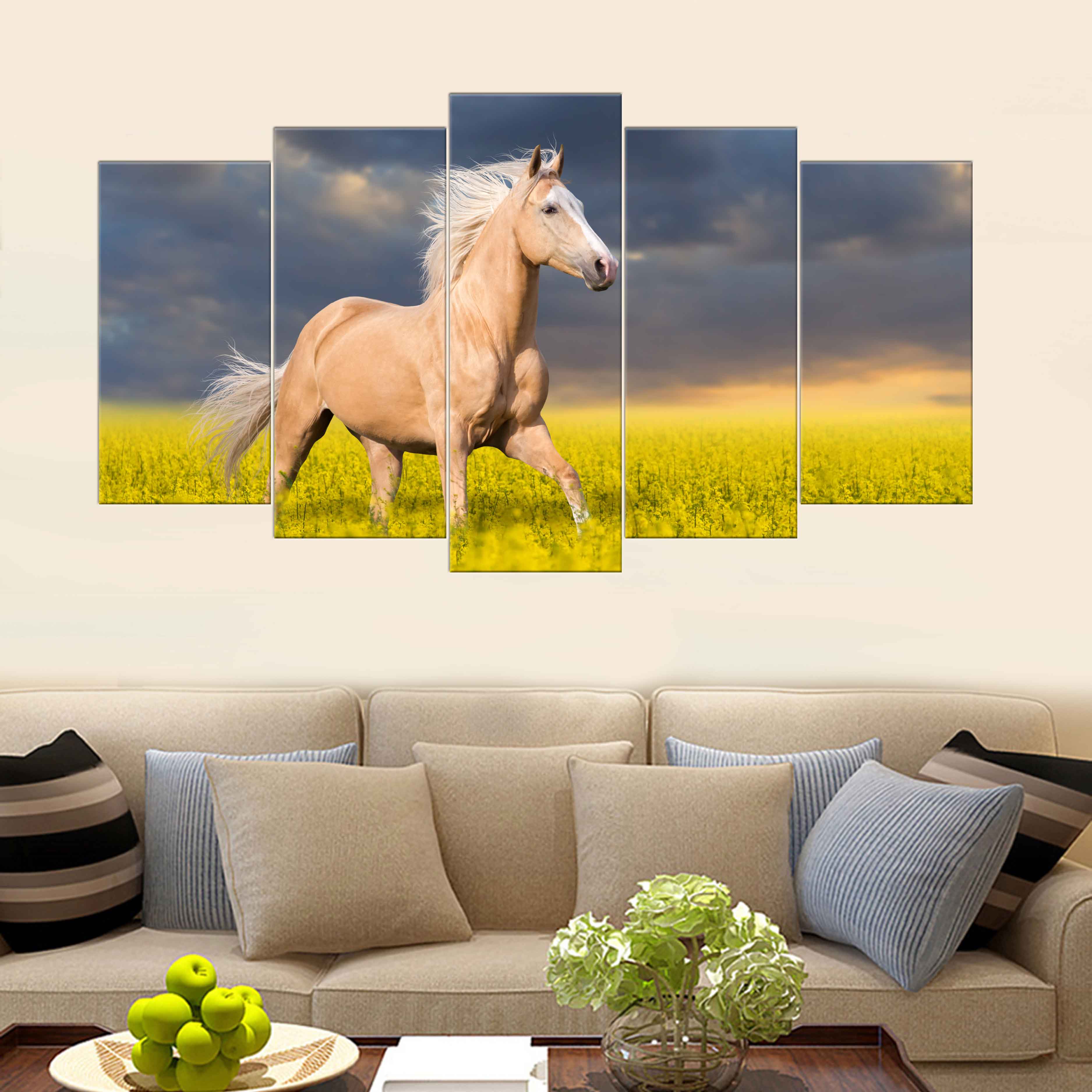 5 Panels Canvas set of Power full Golden Horse