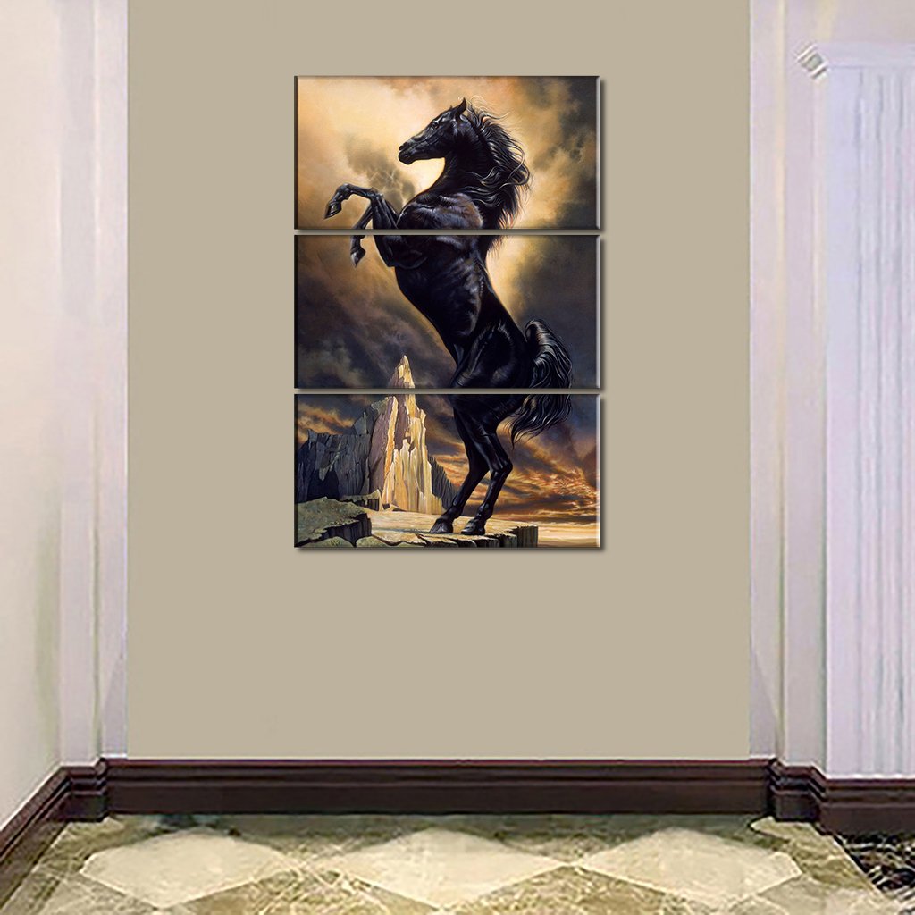 3 Panels Canvas Set Painting of Black Stallion Horse Ttattoo