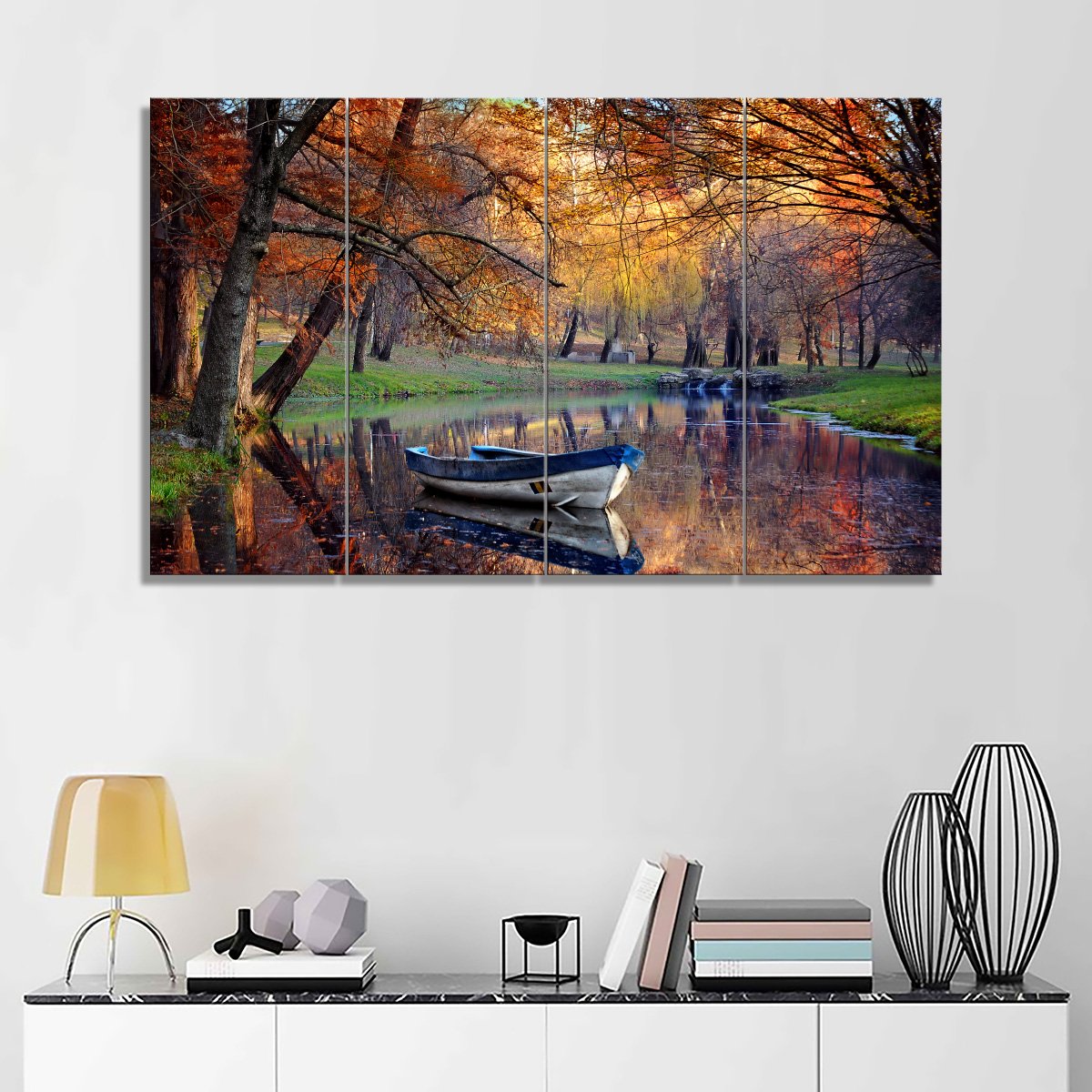 3 Panel Canvas set of Boat on the lake in the autumnal forest