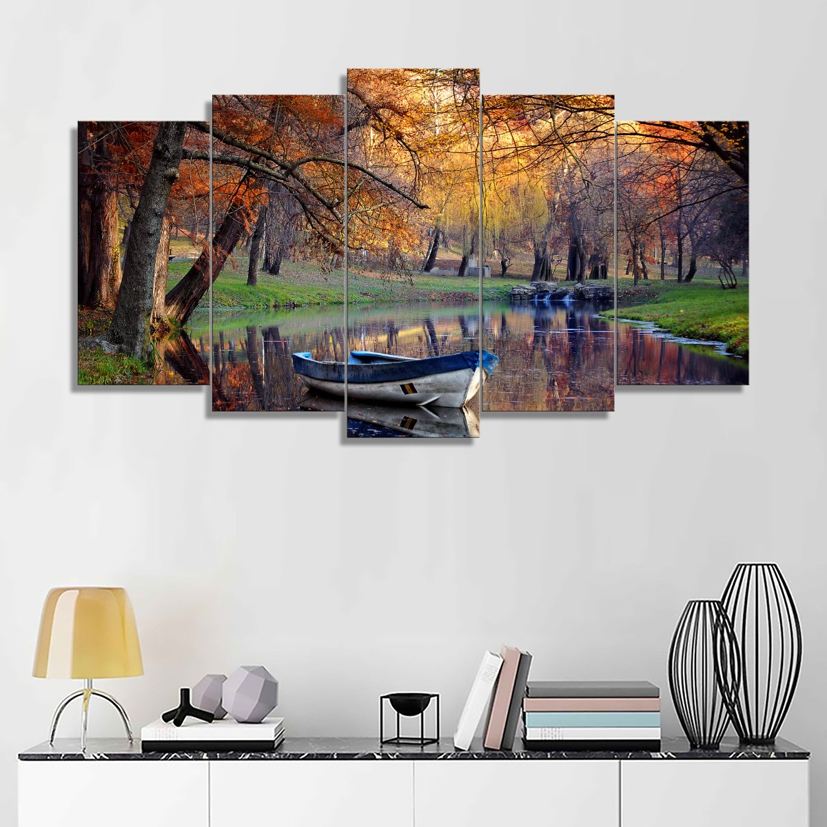 5 Panels Canvas set of Boat on the lake in the autumnal forest