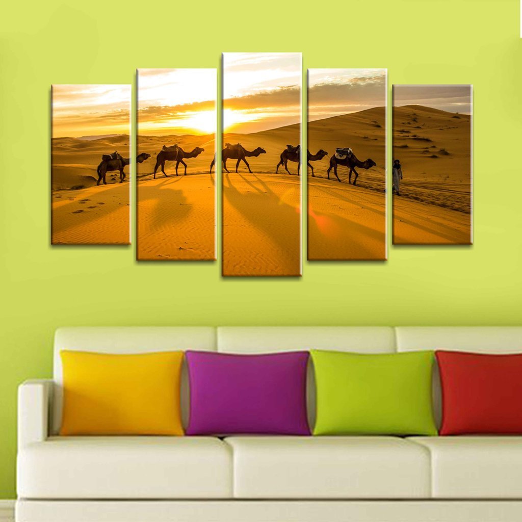 5 Panels Canvas set of Camels sunset