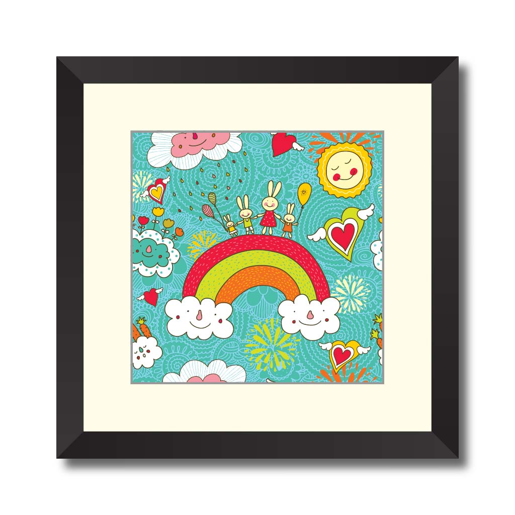 Cheerful rabbits walk over the rainbow