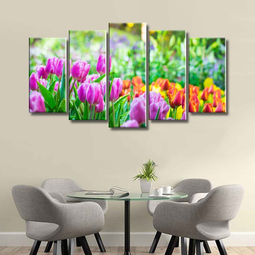 5 Panels Canvas set of Colourful Tulip Garden in Spring