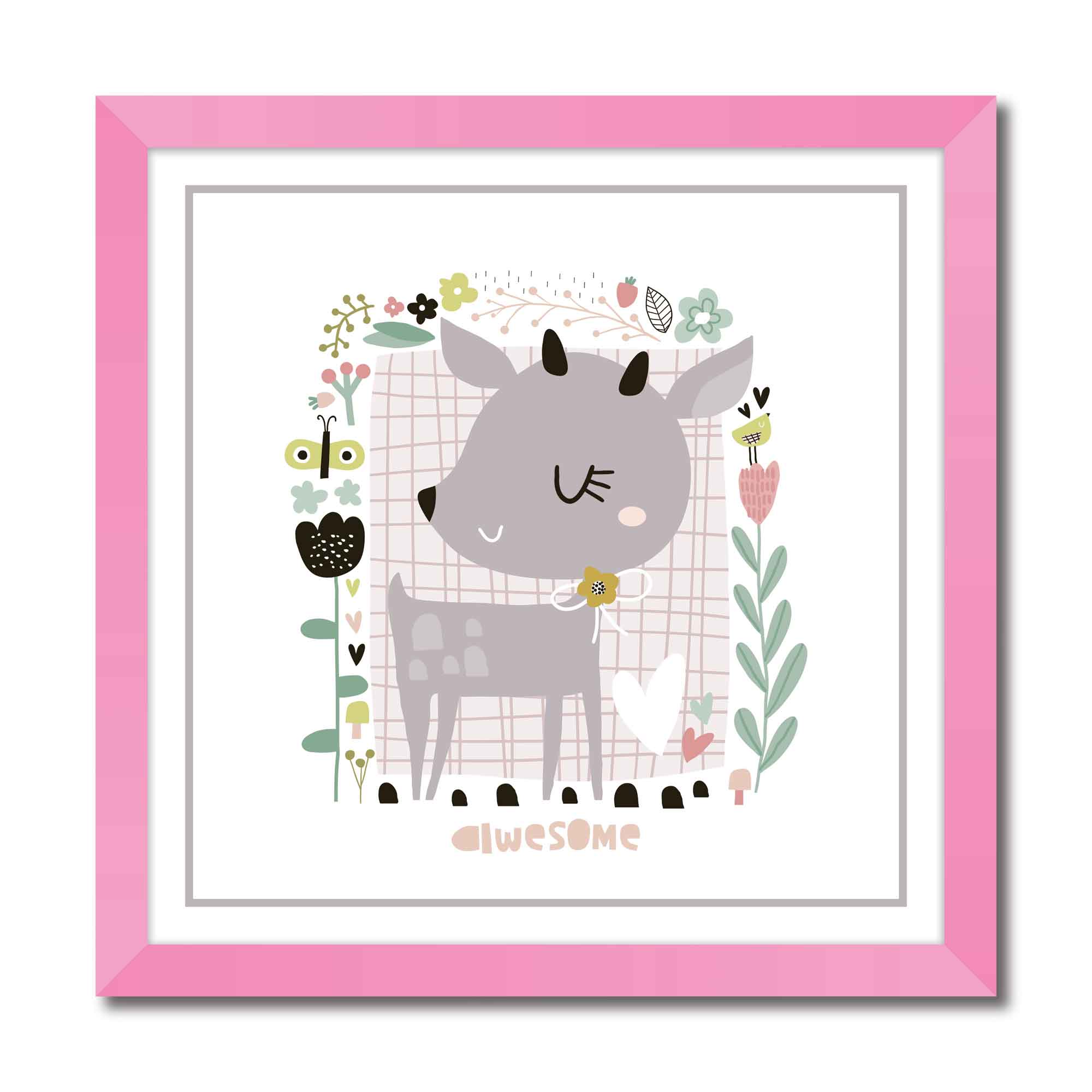 Cute cartoon deer in floral frame in scandinavian style