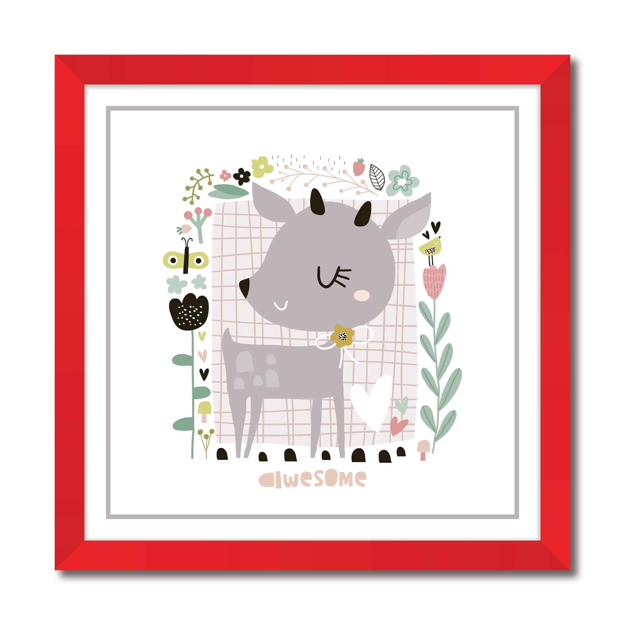 Cute cartoon deer in floral frame in scandinavian style