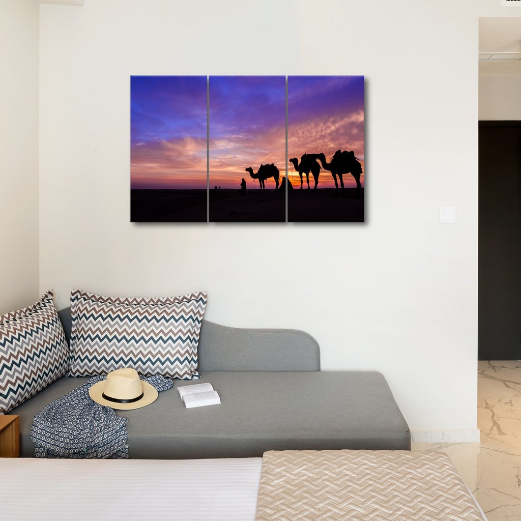 3 Panels Canvas Set of Desert man with camel