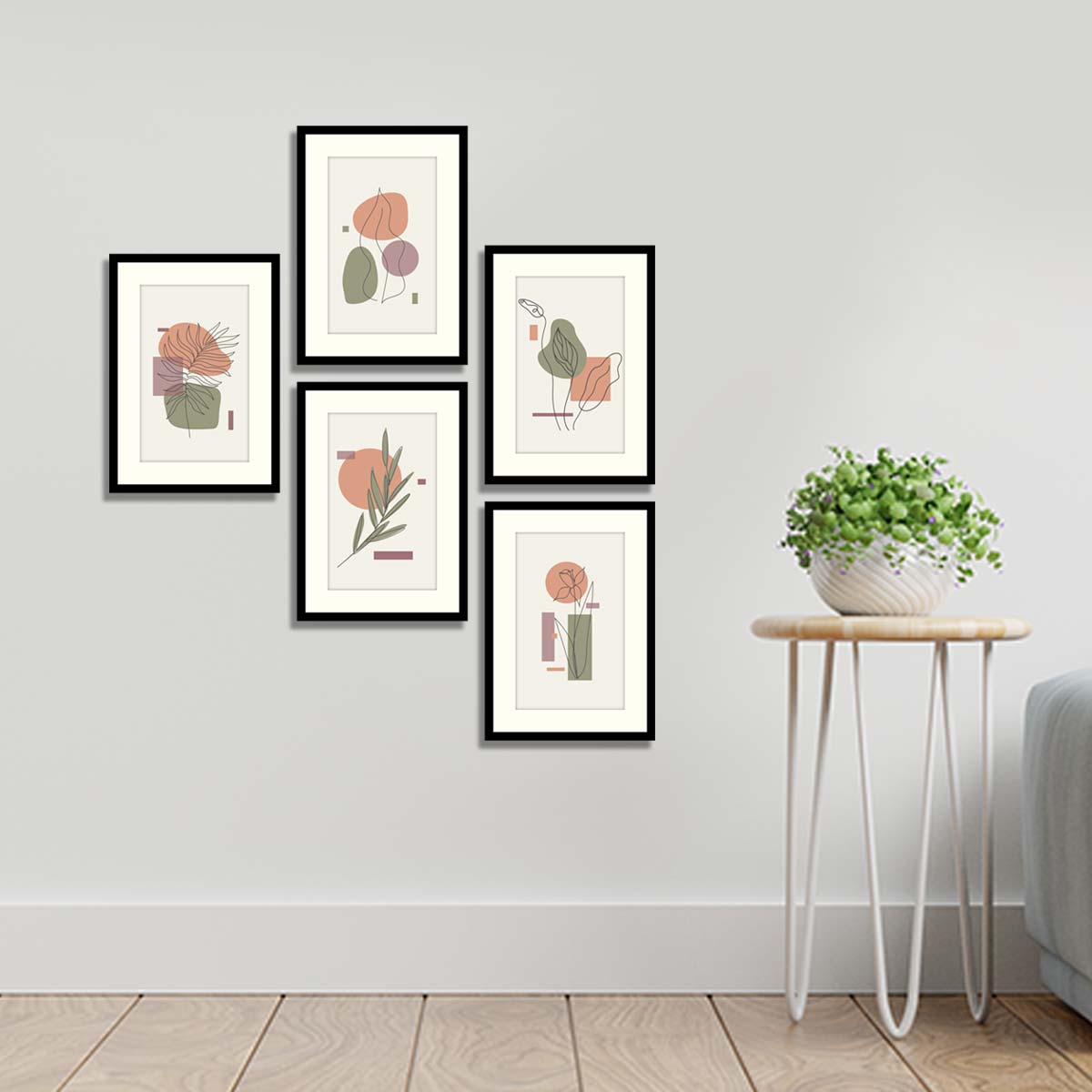 Floral wall art set. Botanical line art with abstract shapes