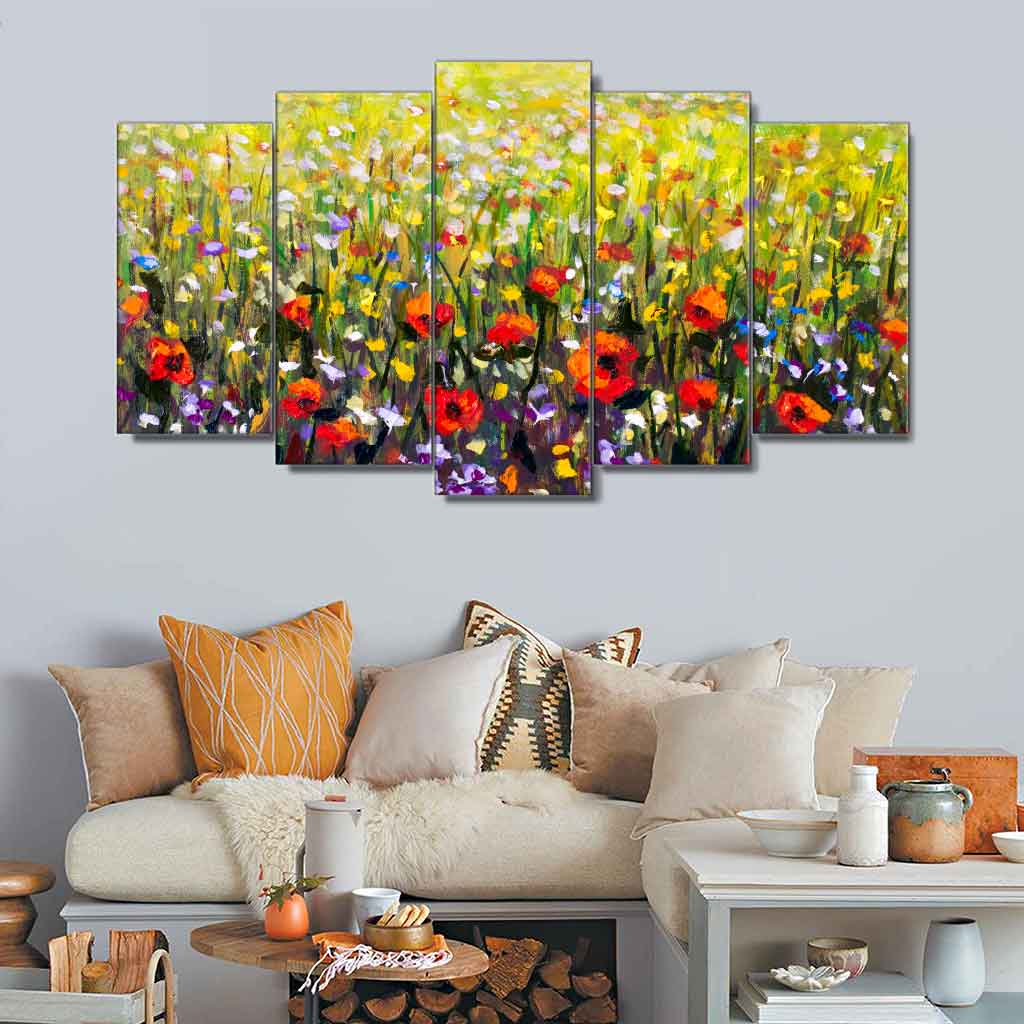 5 Panels Canvas set of Flowers-painting,-red-poppies