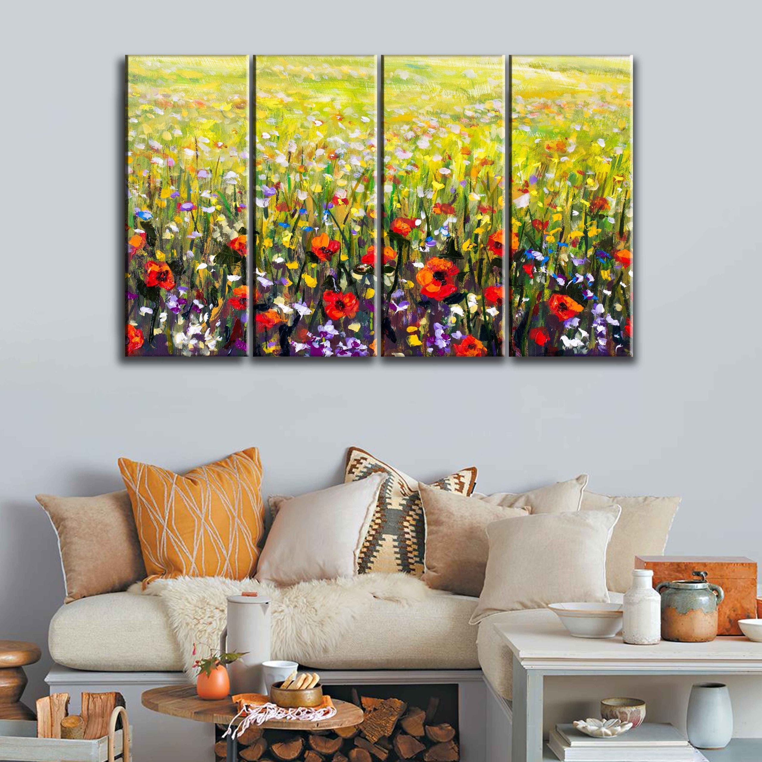 3 Panel Canvas set of Flowers painting, red poppies