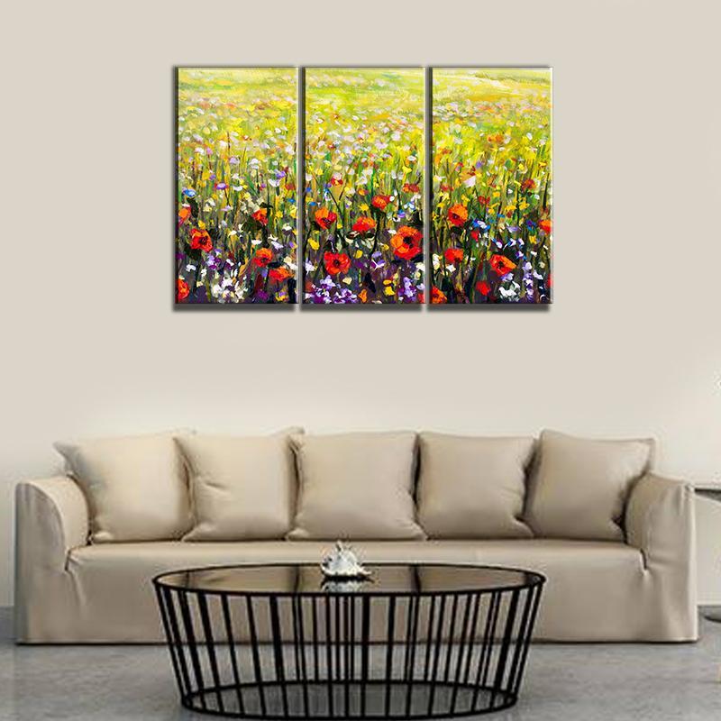 3 Panel Canvas set of Flowers painting, red poppies