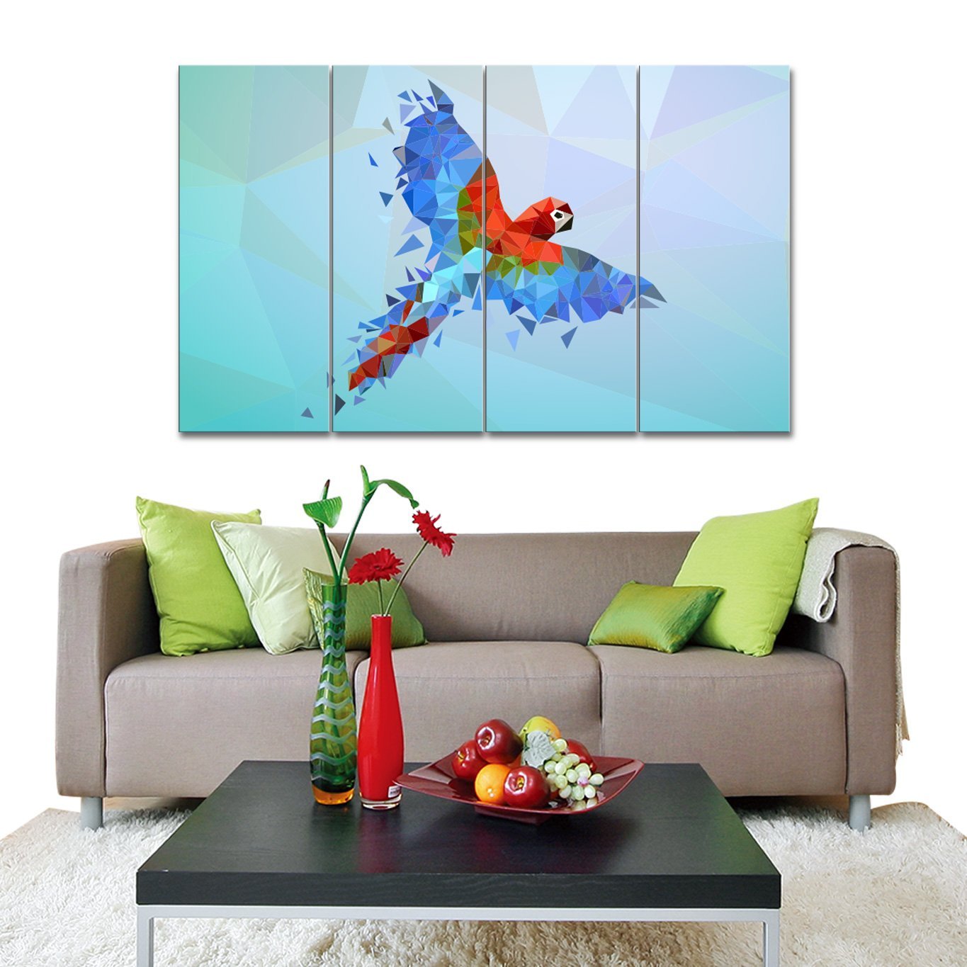 4 Panels canvas painting of Flying low-poly parrot