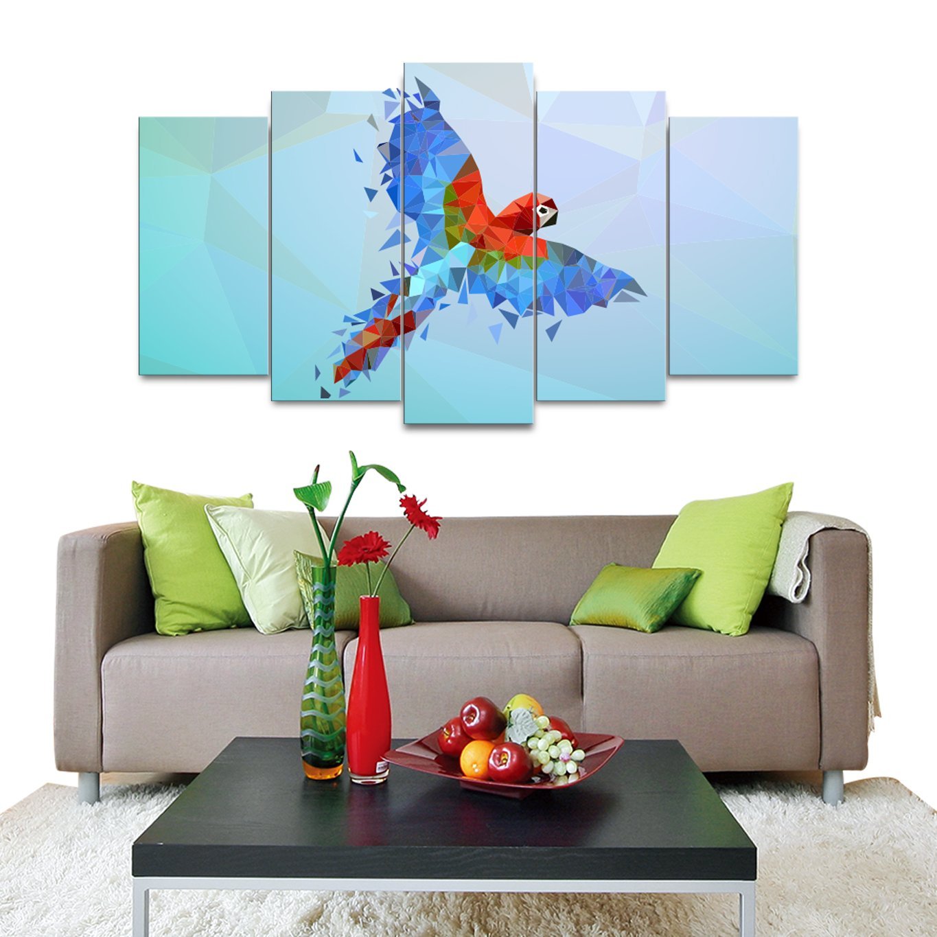 5 Panels Canvas set of Flying low-poly parrot