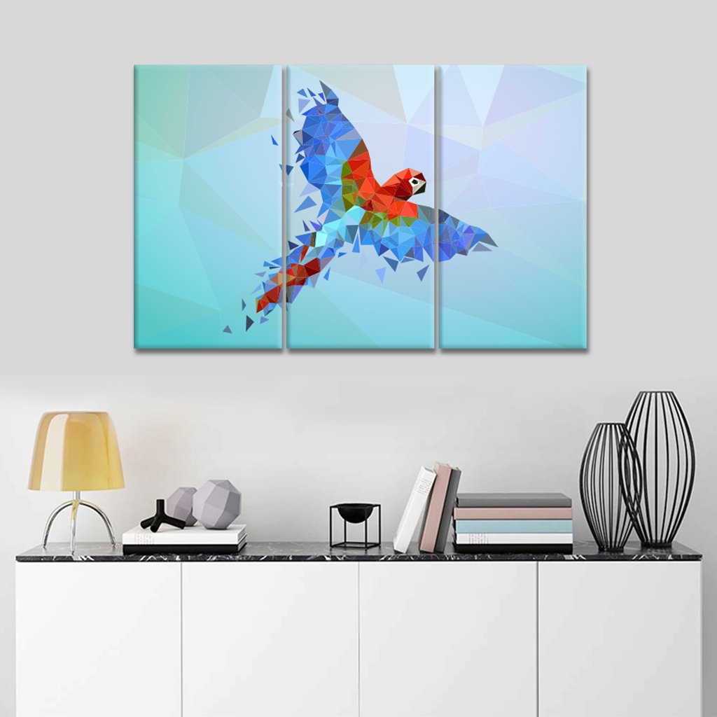 3 Panel Canvas set of Flying low poly parrot