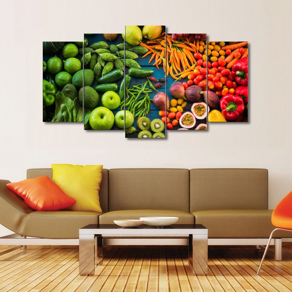 5 Panels Canvas set of fresh fruits and vegetables organic