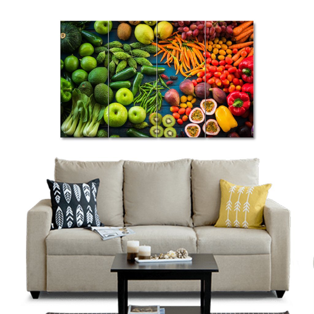 4 Panels canvas painting of fresh fruits and vegetables organic