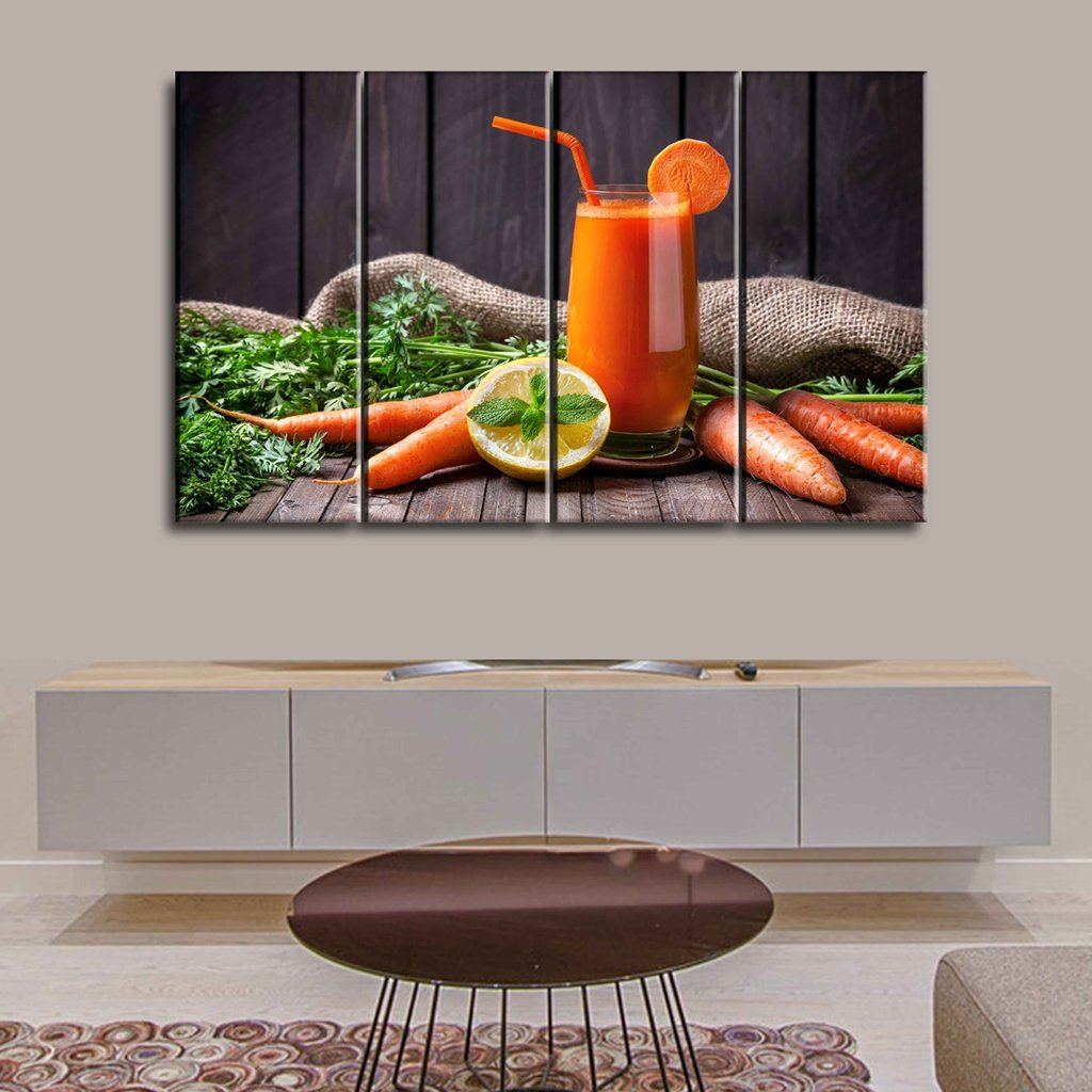 5 Panels Canvas set of Fresh carrot juice with lemon and mint on wooden background