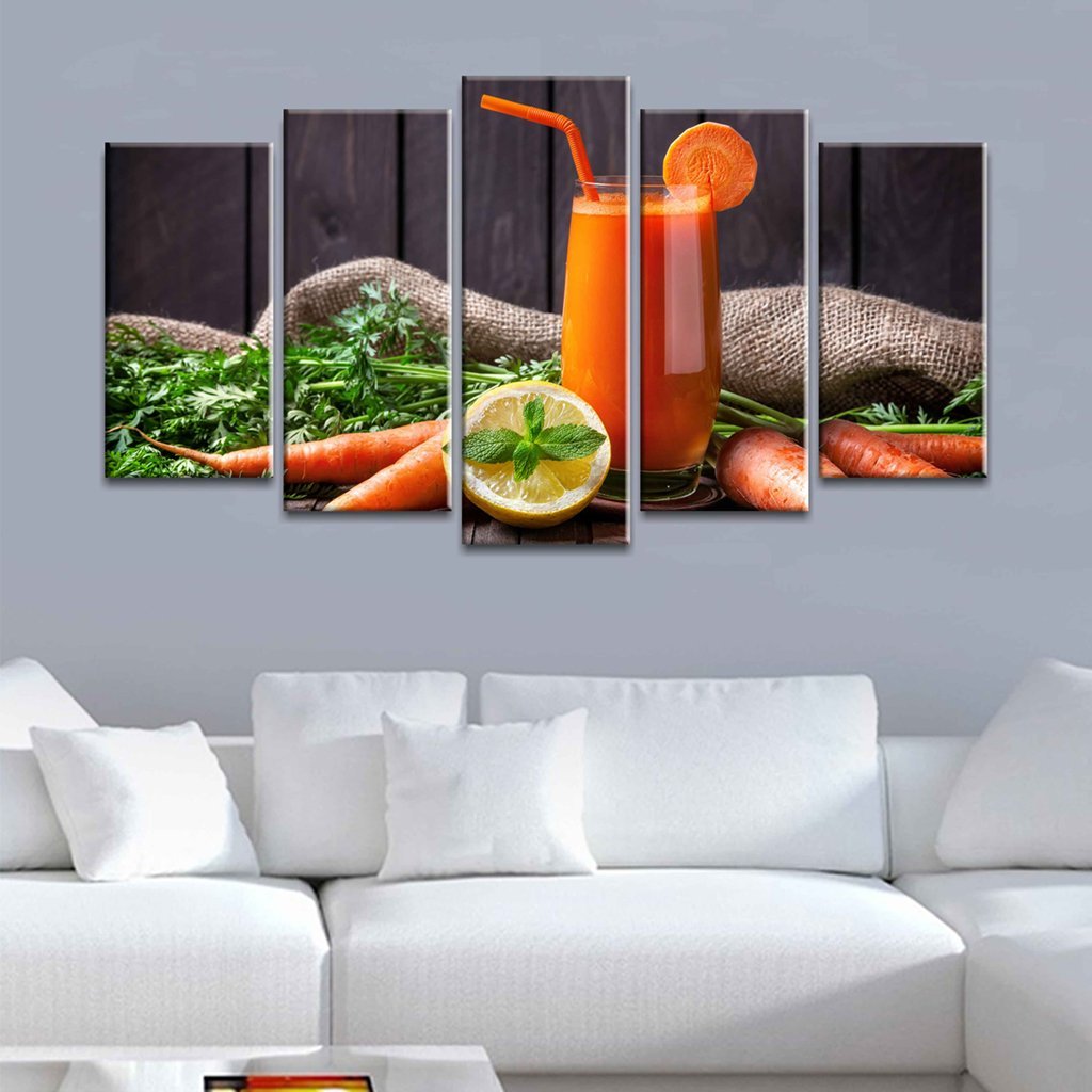 5 Panels Canvas set of Fresh carrot juice with lemon and mint on wooden background