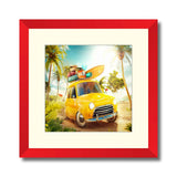 Funny retro car with surfboard and suitcases on a beach with palms