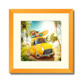 Funny retro car with surfboard and suitcases on a beach with palms