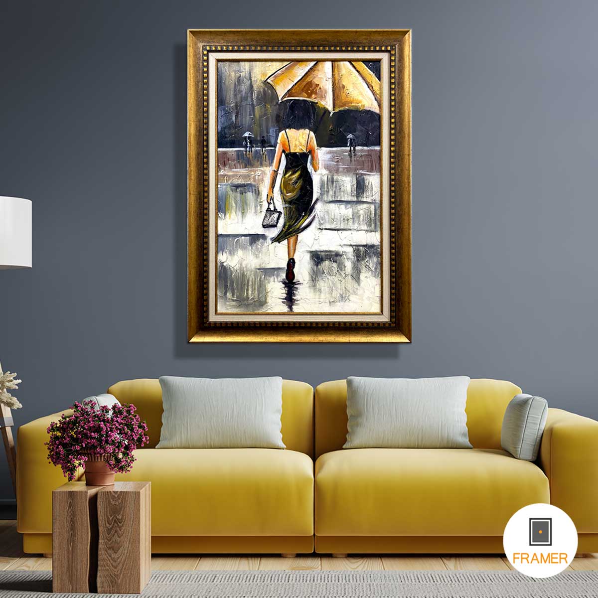 Abstract Oil Painting - Stylish Young Girl with An Umbrella walking through Downtown