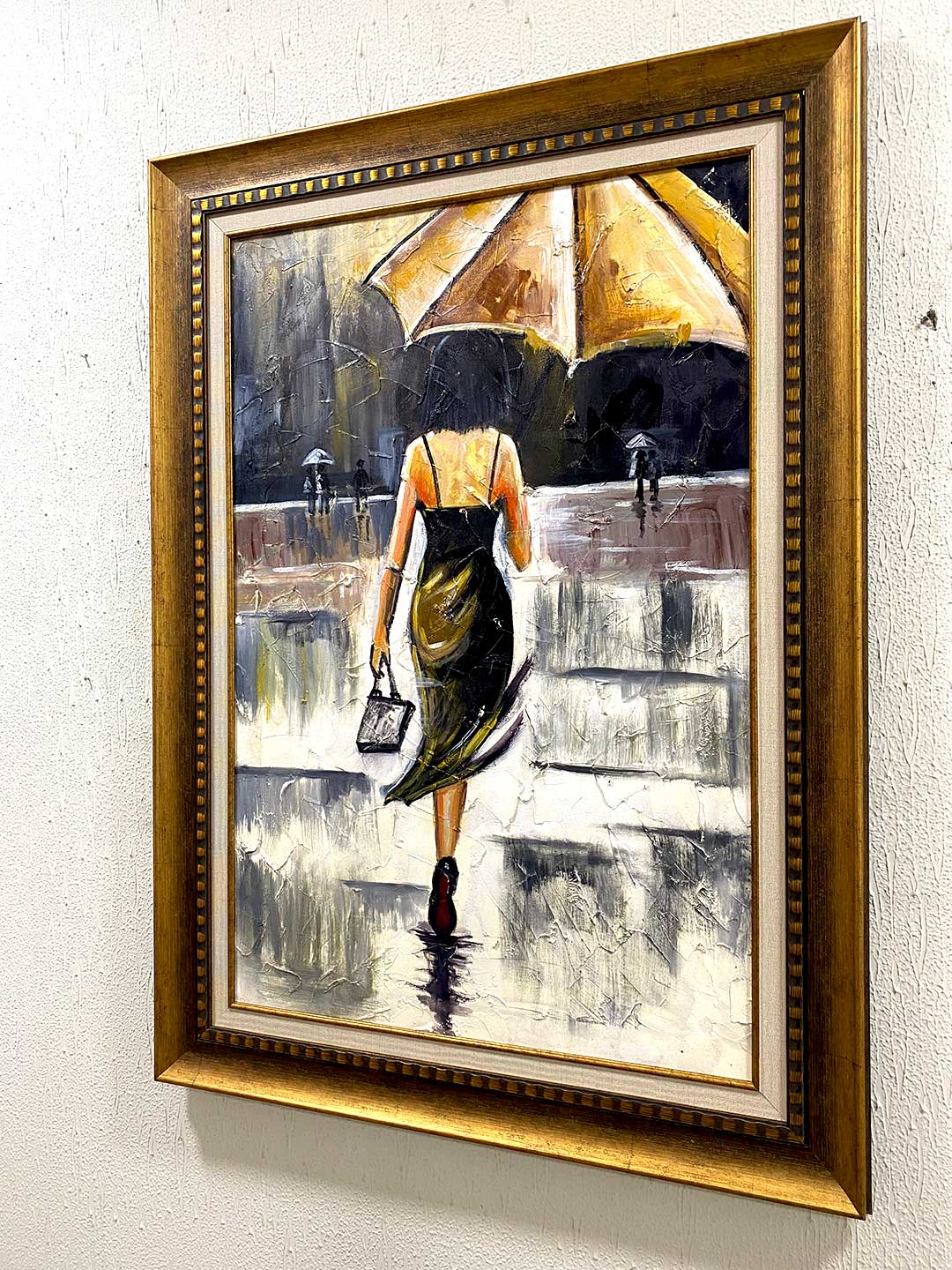 Abstract Oil Painting - Stylish Young Girl with An Umbrella walking through Downtown