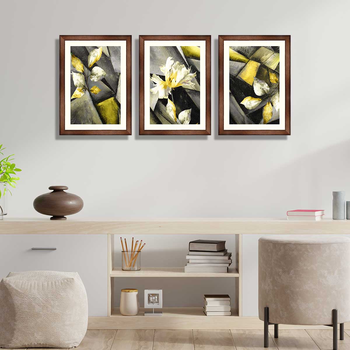 Hand drawn painting - stylized triptych with flower