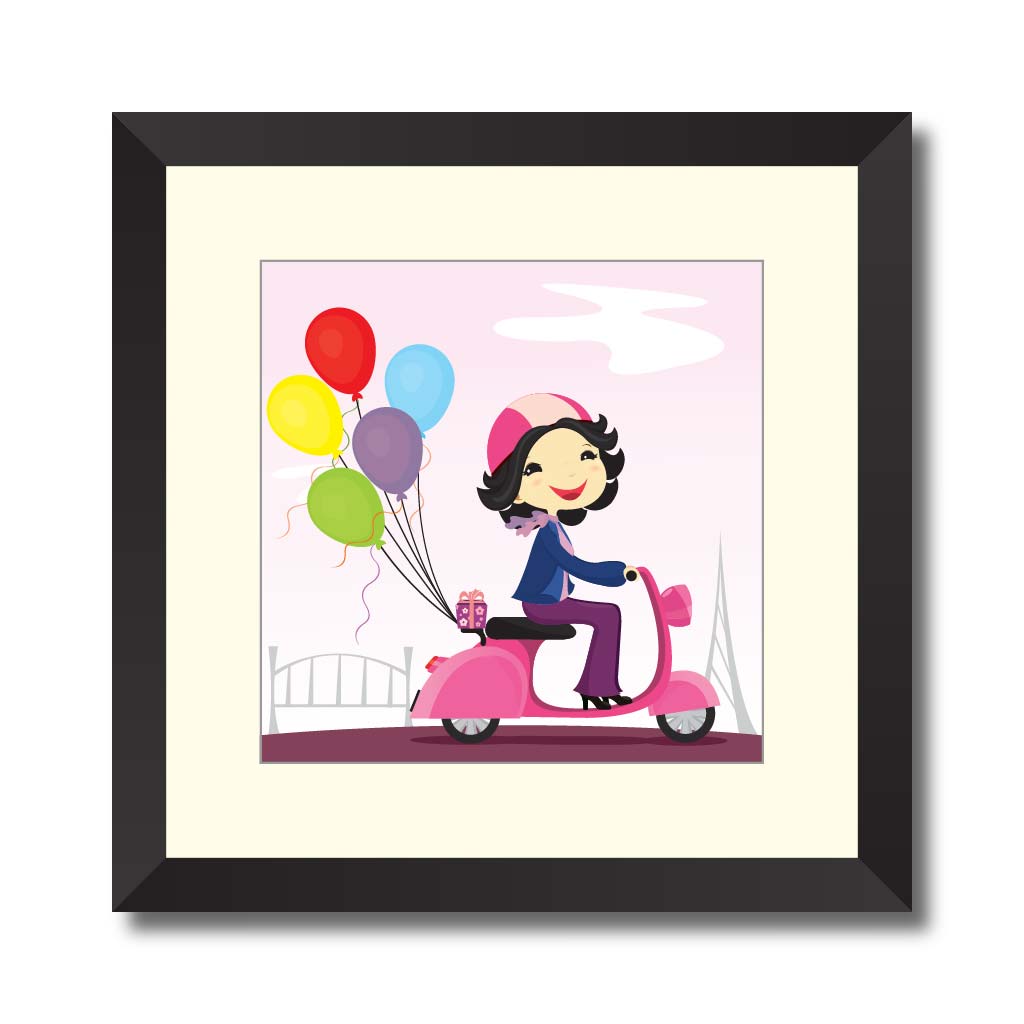 Happy girl riding a motorcycle with gift and balloon