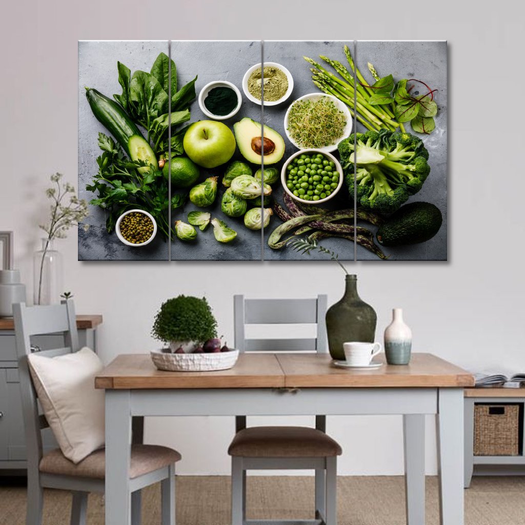 4 Panel Canvas Set of Healthy-Green-food-Clean-eating-selection-Protein-source-for-vegetarians