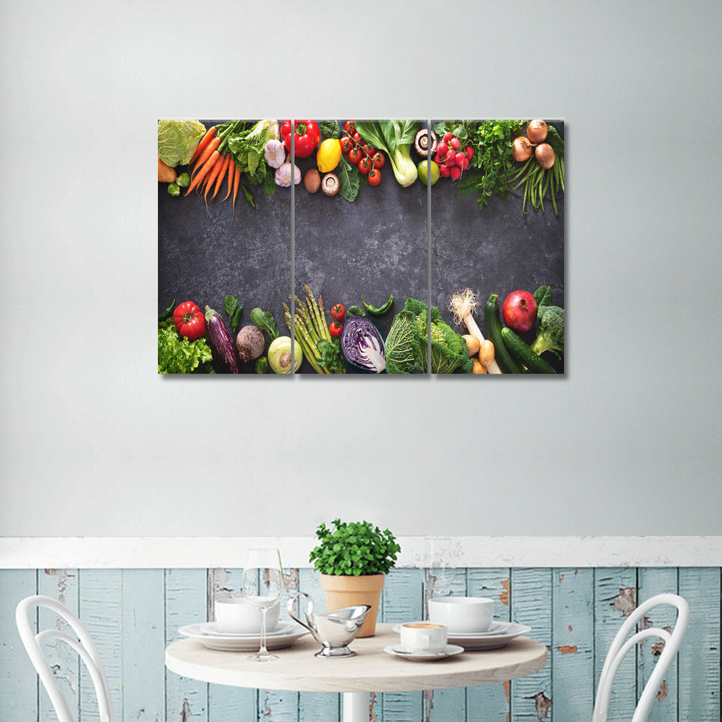 3 Panels Canvas Set Healthy food concept with fresh vegetables and ingredients for cooking3P