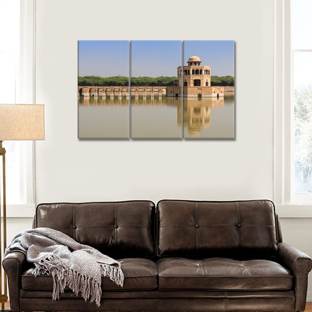 3 Panel Canvas set of Hiran Minar is structure square water tank and pavilion center