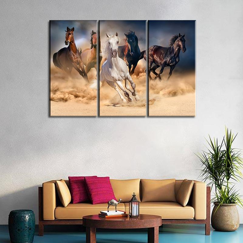 3 Panels Canvas Set of Horse herd run in desert sand storm against dramatic sky