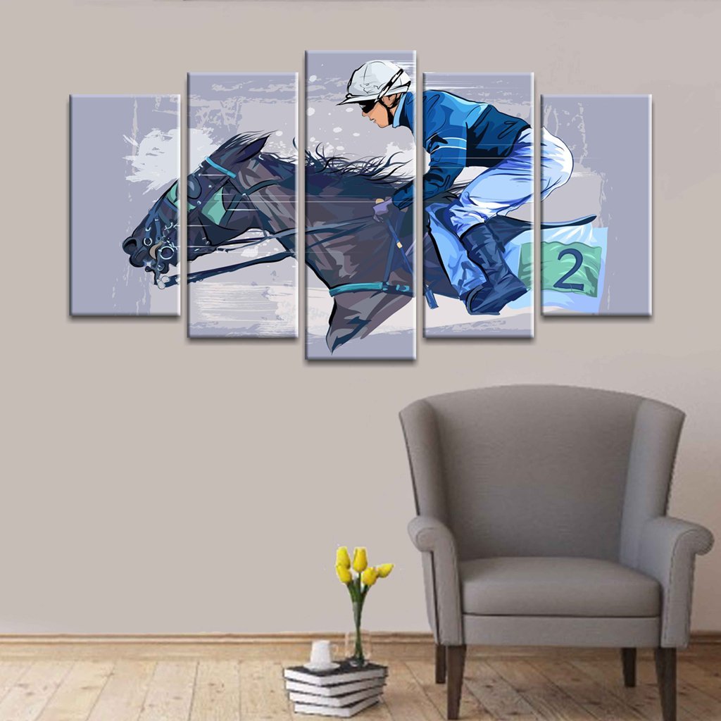 5 Panels Canvas set of Horse with jockey