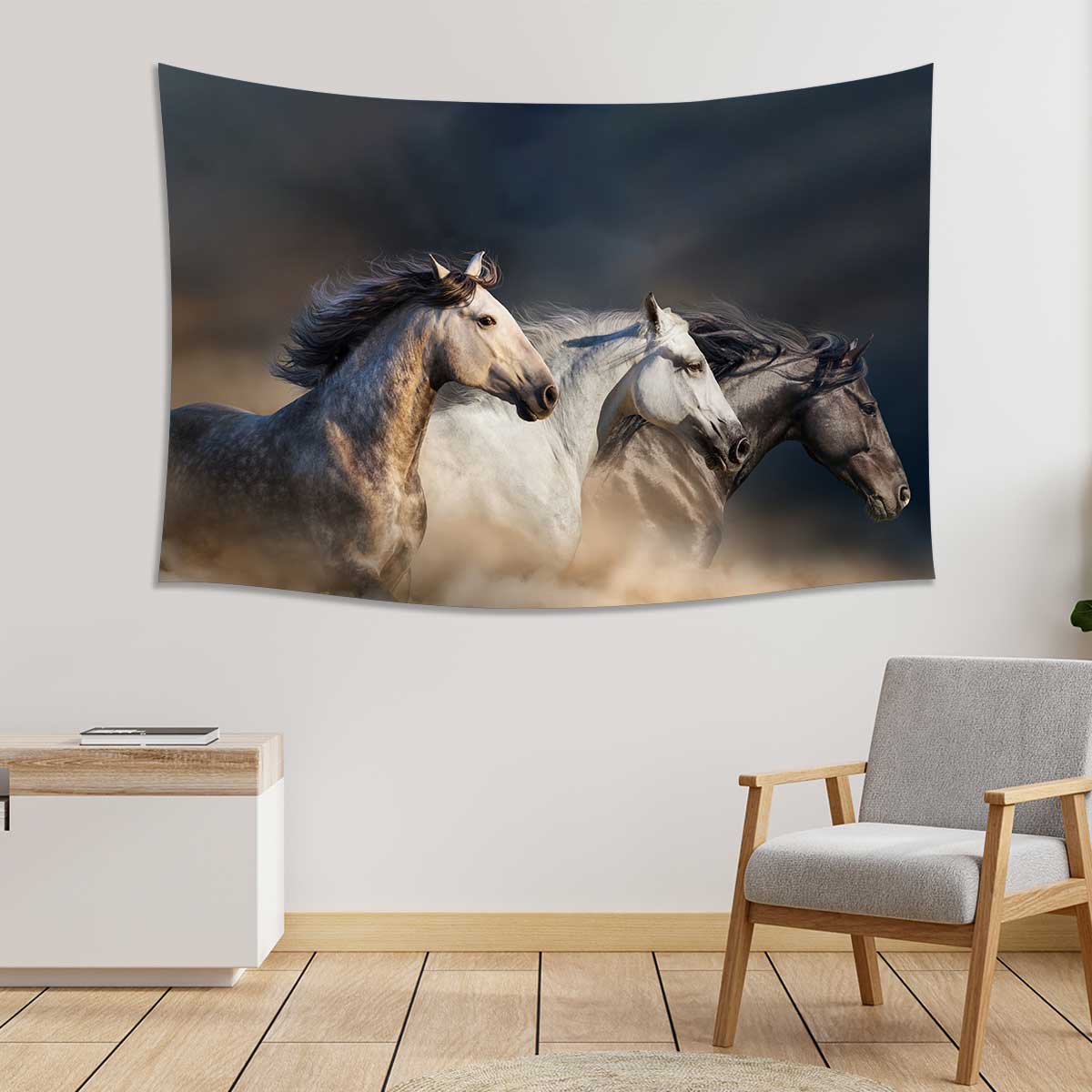 Horses-with-long-mane-portrait-run-gallop-in-desert-dust